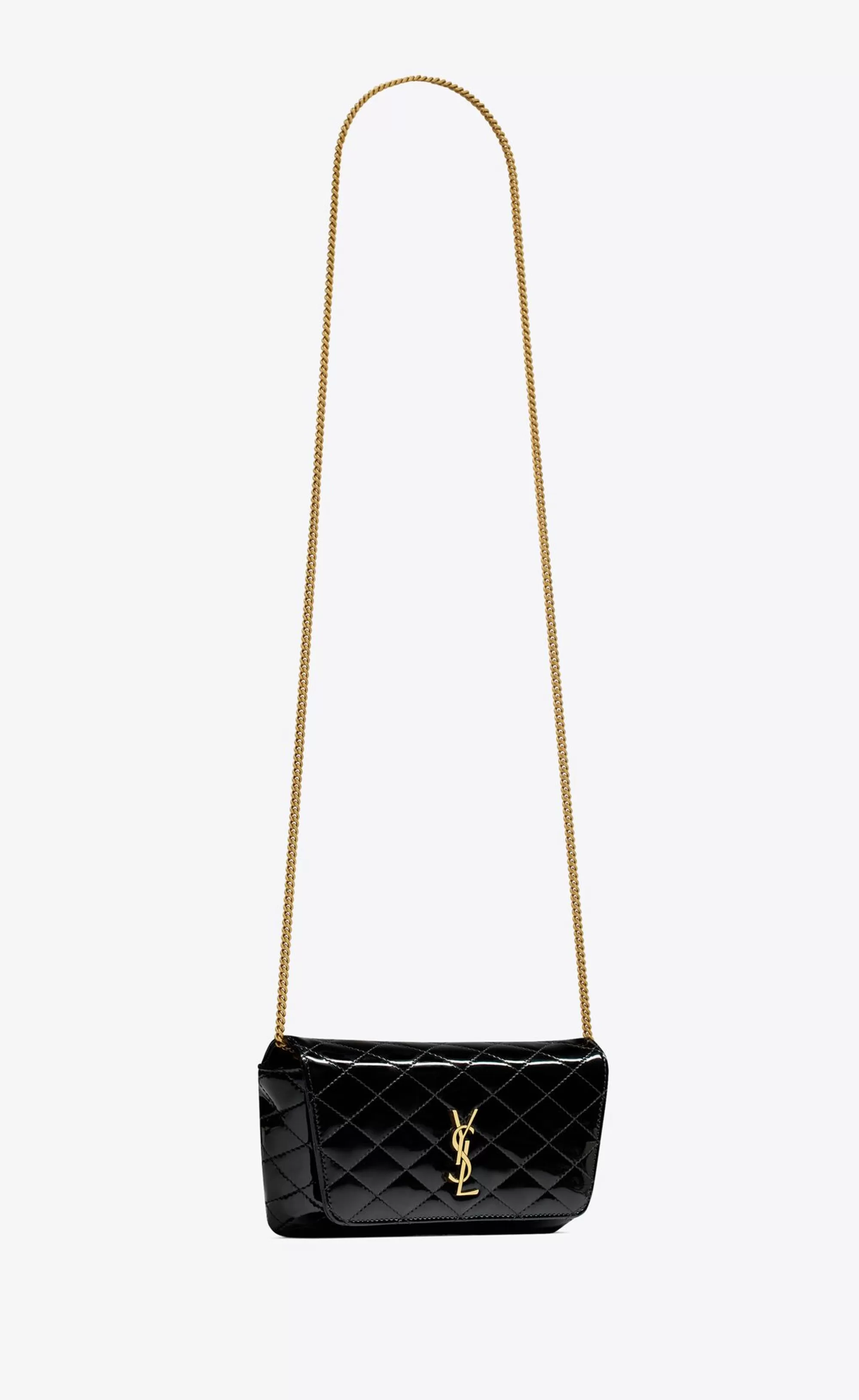 Women Saint Laurent CHAIN WALLETS^GABY Chain Phone Holder In Quilted Patent Leather | | YSL.com