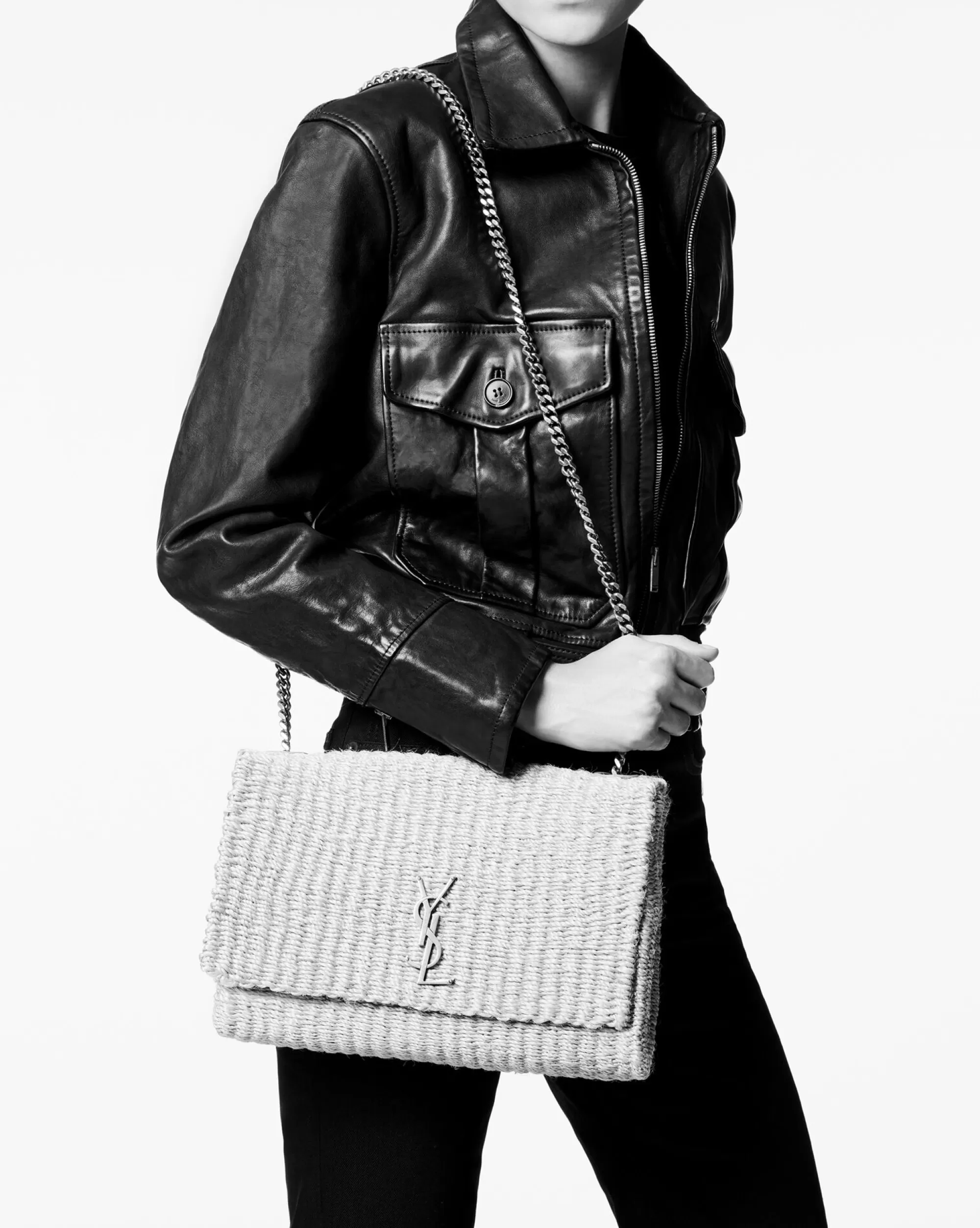 Women Saint Laurent SHOULDER BAGS | KATE^KATE Medium Supple CHAIN BAG In Raffia | | YSL.com