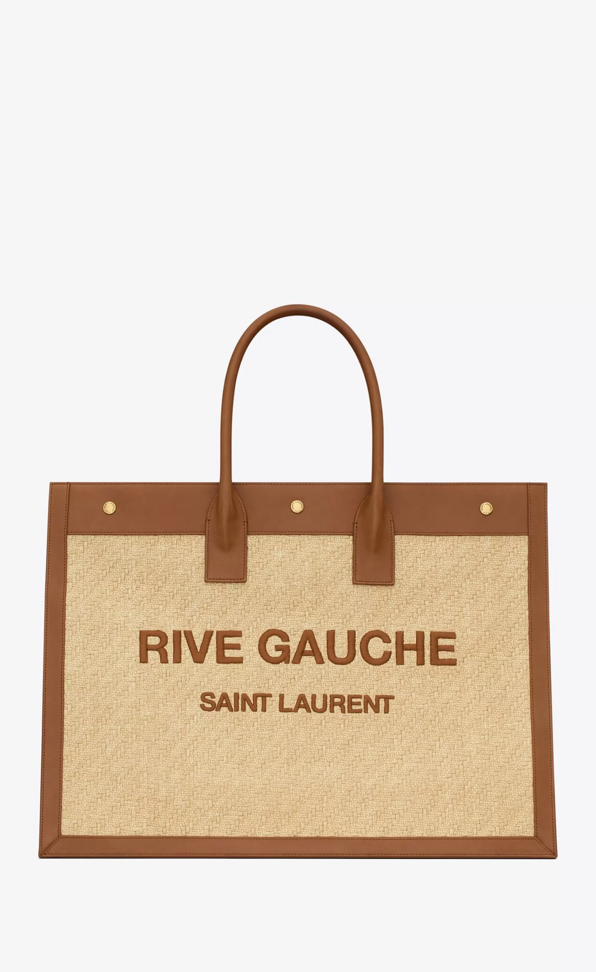 Women Saint Laurent TOTES AND SHOPPINGS^Rive Gauche In Embroidered Raffia And Vegetable-tanned Leather | | YSL.com