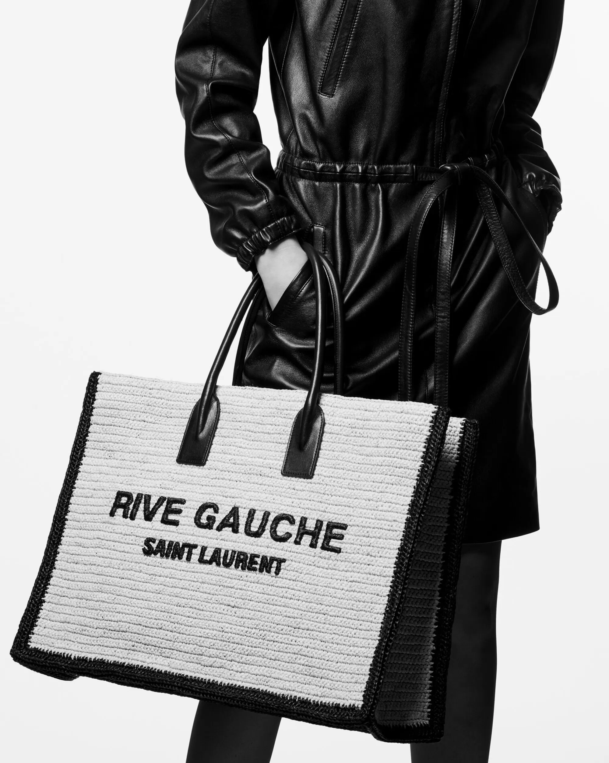 Women Saint Laurent TOTES AND SHOPPINGS^Rive Gauche Tote Bag In Raffia And Leather | | YSL.com