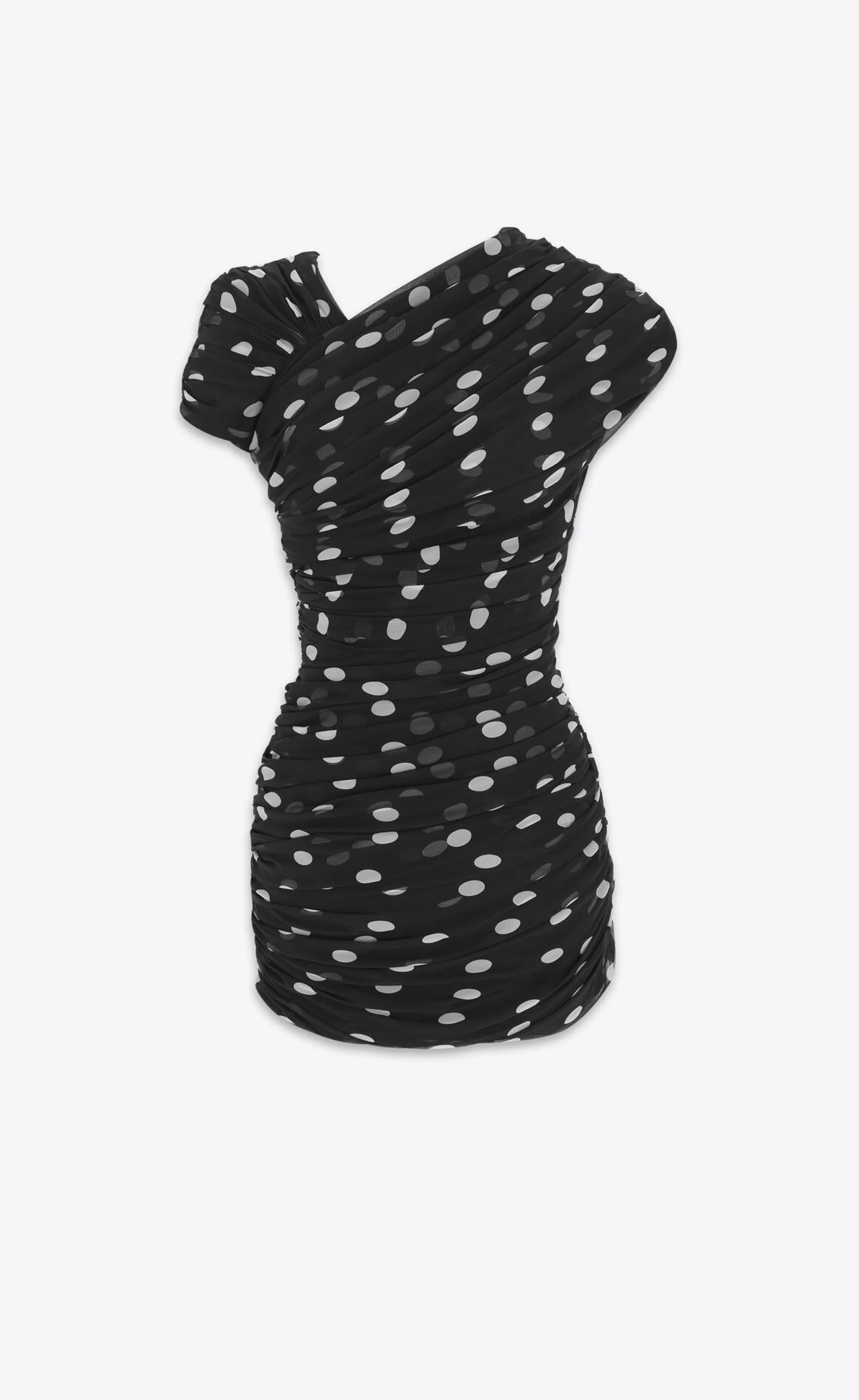 Women Saint Laurent DRESSES^Ruched Asymmetrical Dress In Dotted Silk Muslin | | YSL.com