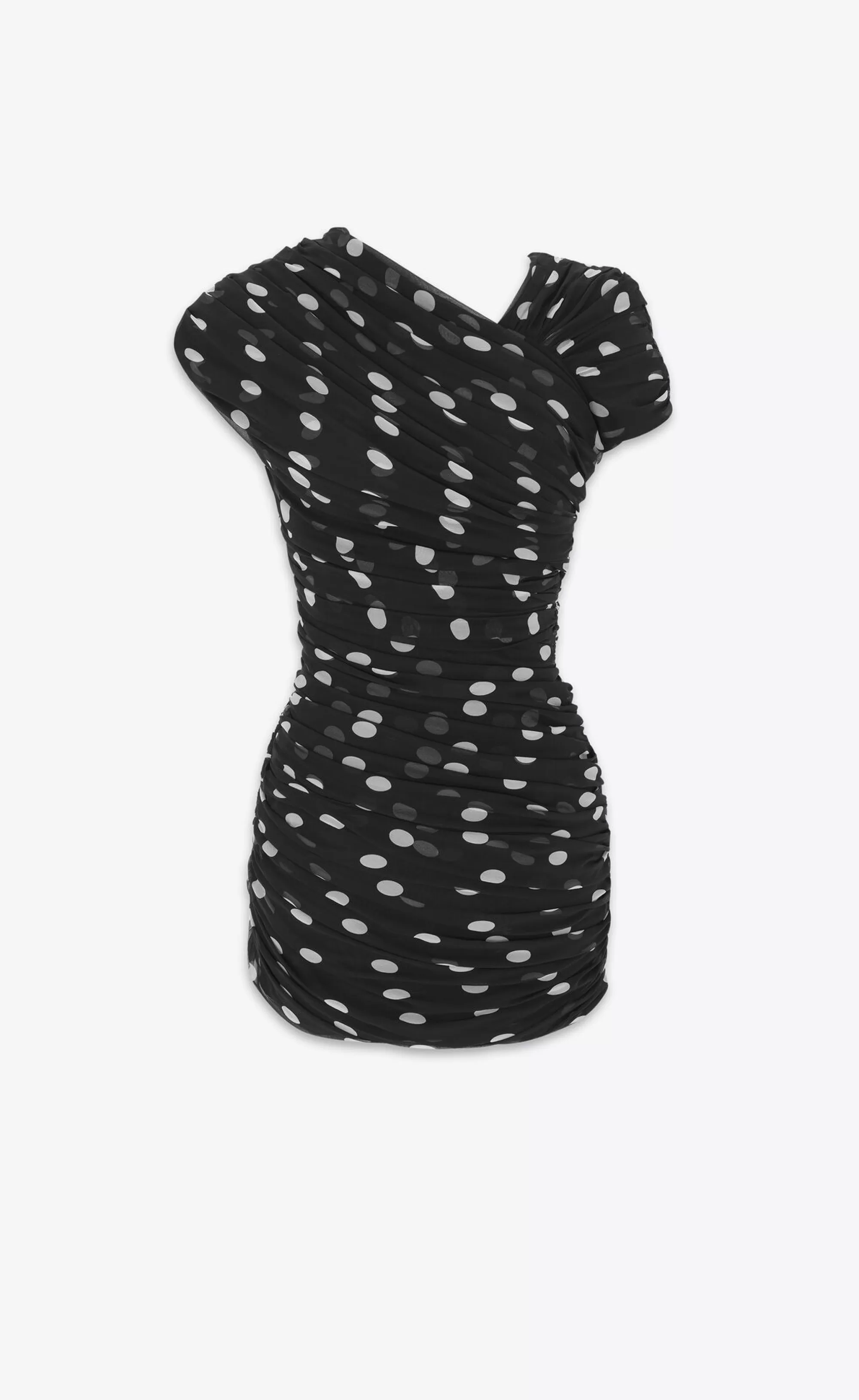 Women Saint Laurent DRESSES^Ruched Asymmetrical Dress In Dotted Silk Muslin | | YSL.com