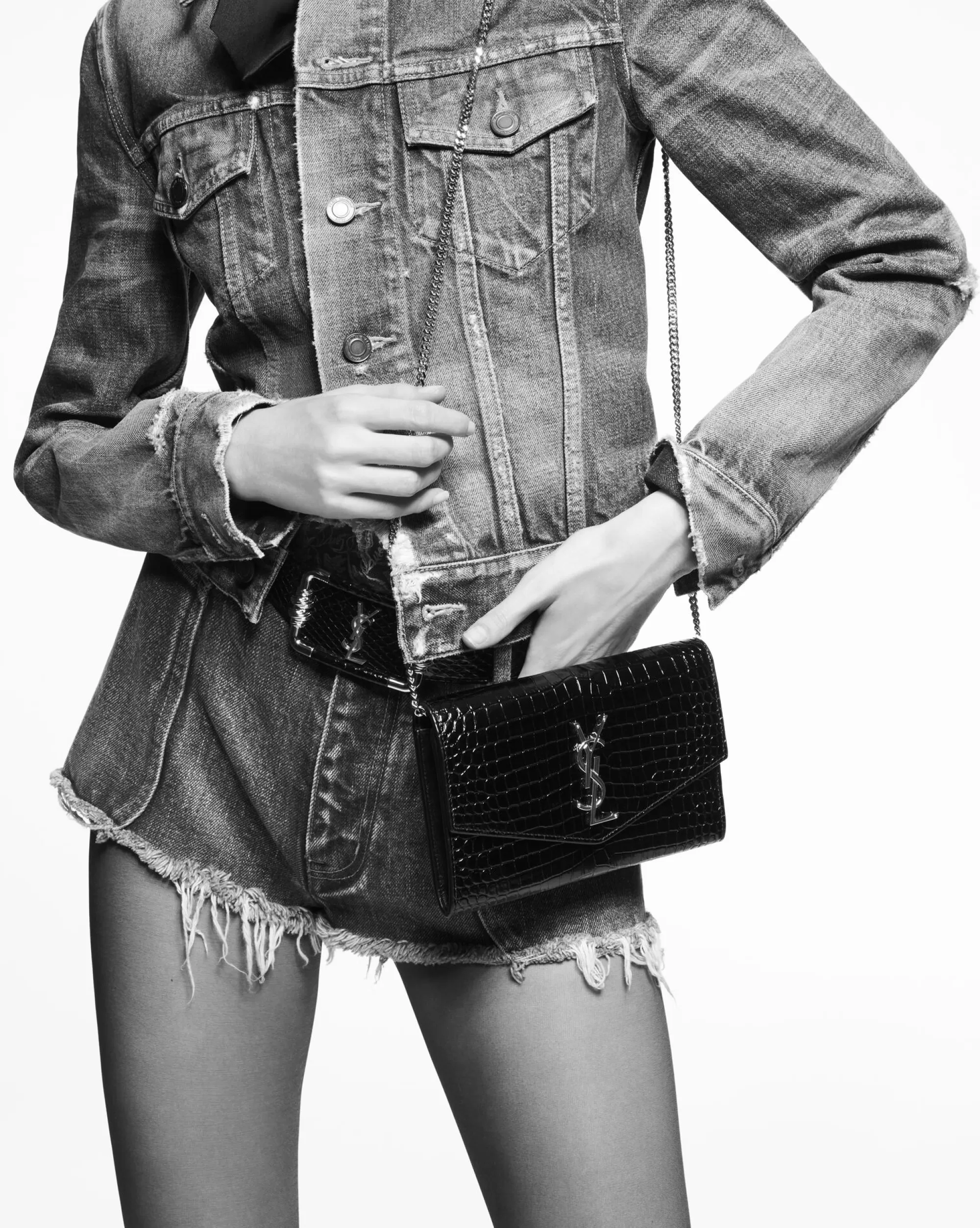 Women Saint Laurent CHAIN WALLETS^UPTOWN CHAIN WALLET IN CROCODILE-EMBOSSED SHINY LEATHER | | YSL.com