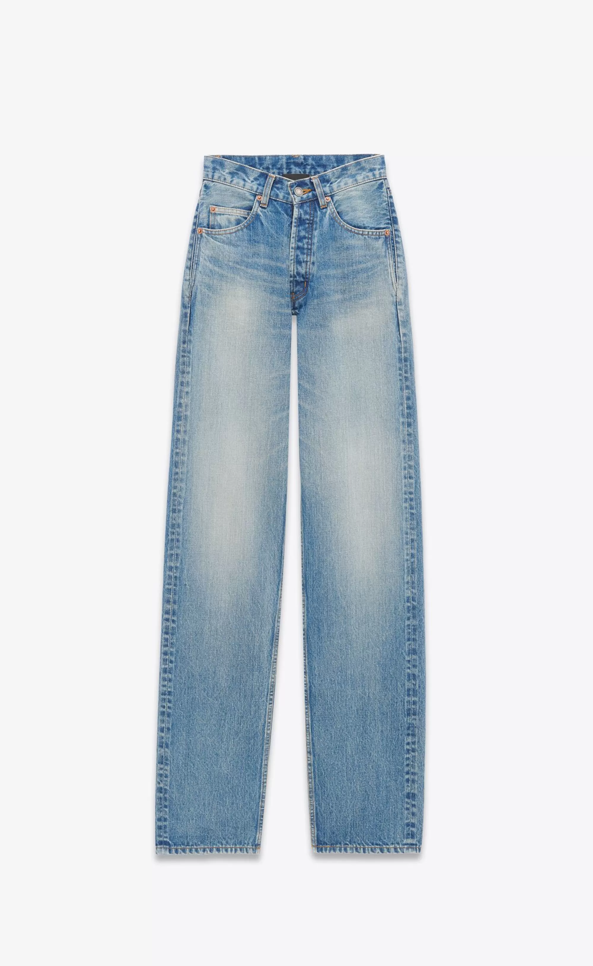 Women Saint Laurent Denim^V-waist Long Baggy Jeans In Vintage Blue Denim | | YSL.com