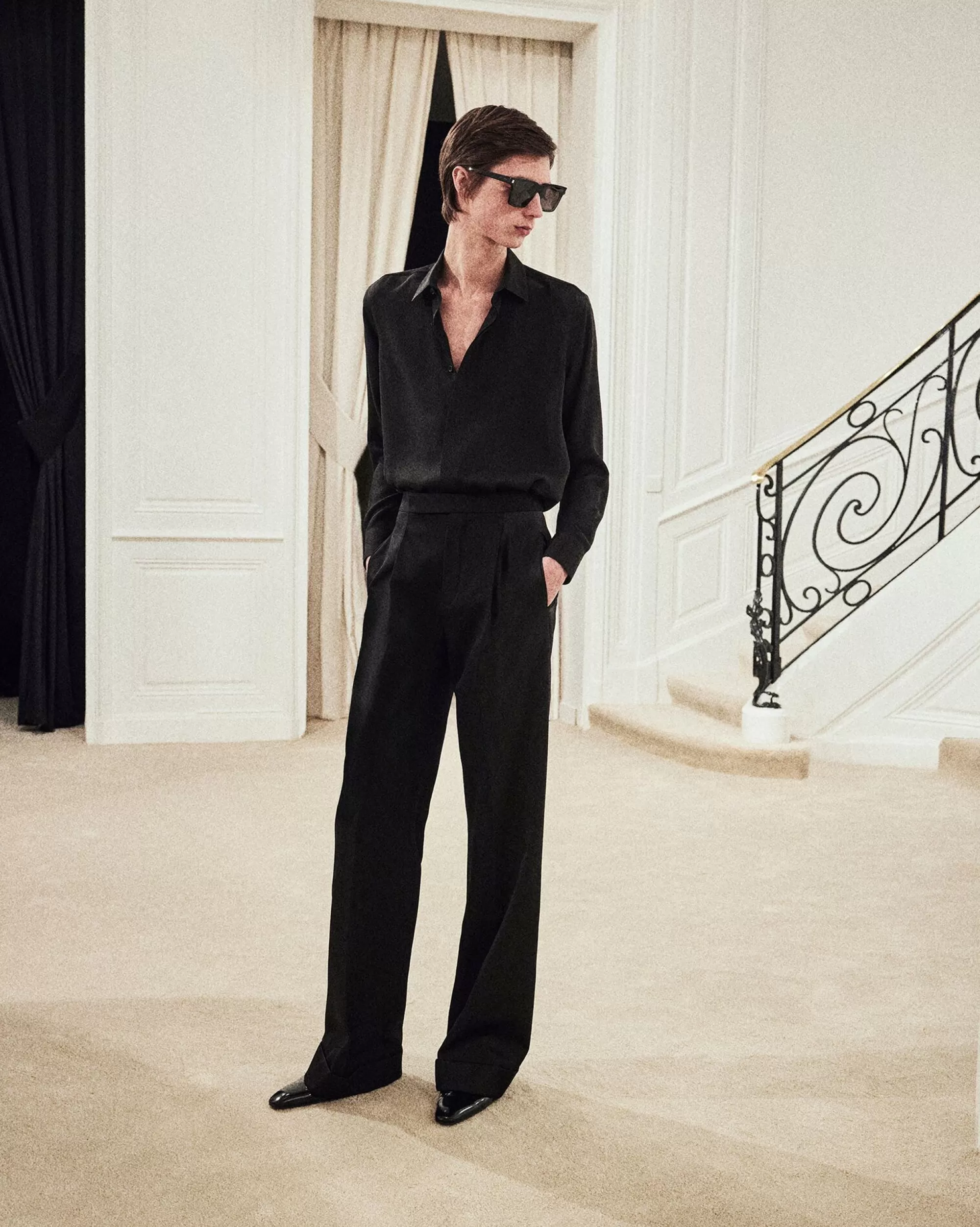 Saint Laurent ALL READY TO WEAR | SHIRTS^YVES COLLAR SHIRT In Matte And Shiny Shagreen Silk | | YSL.com